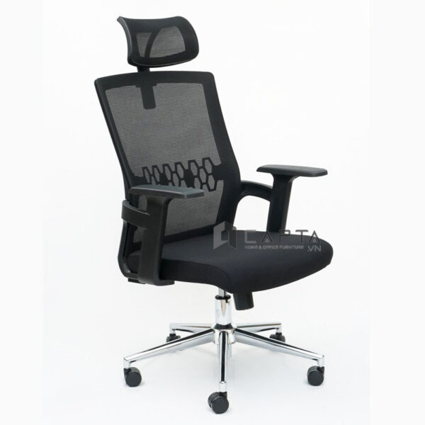 Ghế làm việc lưng lưới có tựa đầu CM4508-M Nội thất Capta Ghế xoay văn phòng lưng lưới nệm vải khung và tay nhựa chân thép mạ đầu nhọn