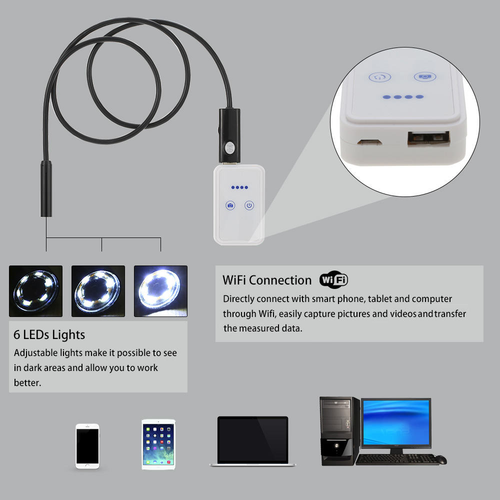 Kính Nội Soi WiFi Không Dây 9mm 5m Camera Chống Thấm Nước 2.0 Megapixel 6 Đèn LED Cho IOS Android