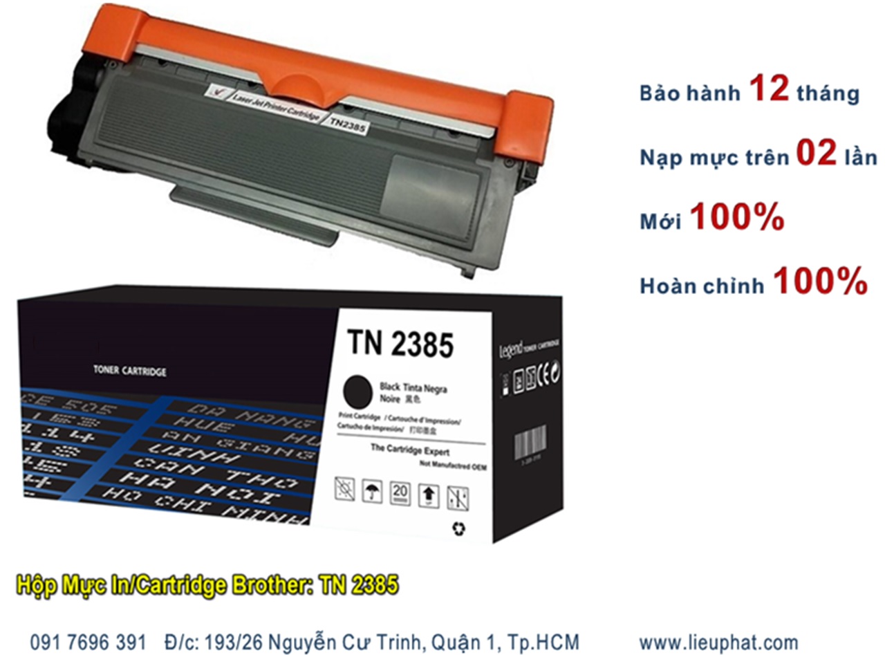 Hộp mực cho Brother TN 2385 nhập khẩu. Là Toner, Cartridge cho máy in Brother HL 2300, 2320, 2321, 2340, 2361, 2365, 2366, 2380, MFC 2700, 2702, 2703, 2720, 2740