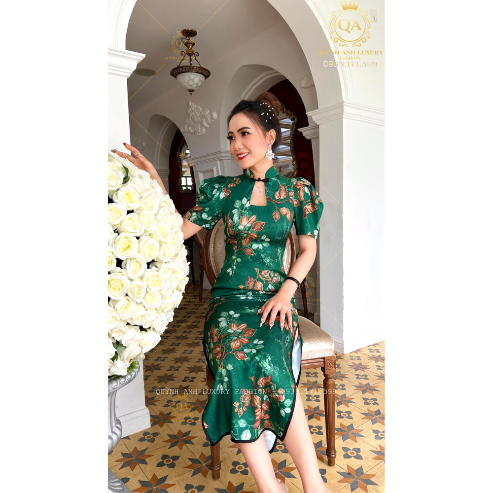 Sườn Xám Cổ Tàu Trung Hoa Lụa Ánh Kim Tone Xanh Sang Trọng Mia Dress