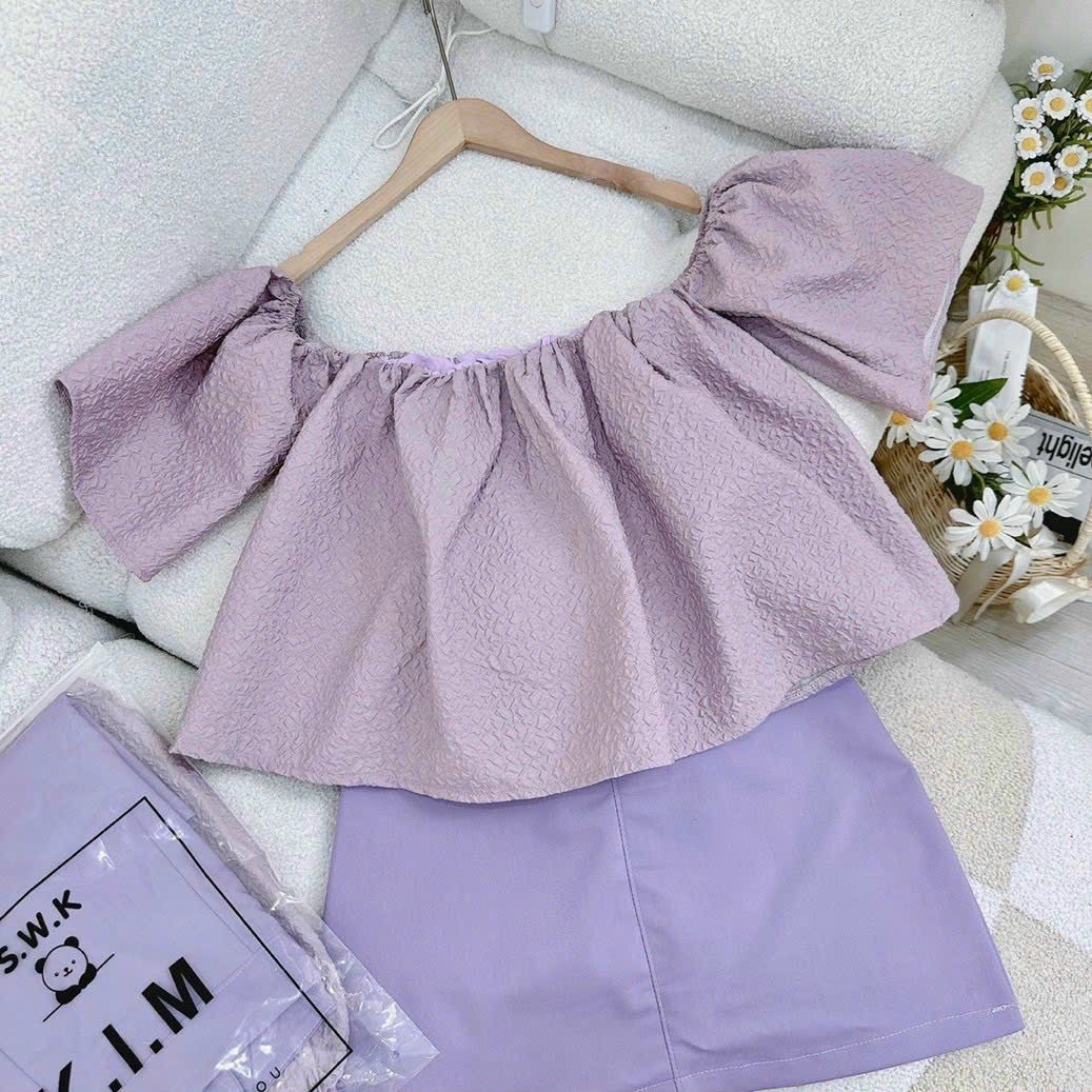 ĐẦM SET ÁO CROPTOP TRỄ VAI CỔ U TAY NGẮN BỒNG PASTEL TRƠN+ CHÂN VÁY NGẮN SUÔNG TRƠN CHỮ A TÍM QUẦN VÁY DẠO PHỐ DỰ TIỆC CÔNG SỞ ĐI BIỂN