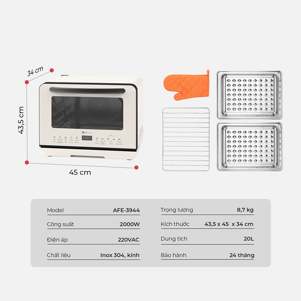 Lò Chiên Hơi Nước Elmich AFE-3944 (Mầu Trắng Sữa, Dung Tích 20L - Công Suất 2000W - Tích Hợp Chức Năng Chiên, Hấp, Nướng 3 in 1) - Hàng Chính Hãng