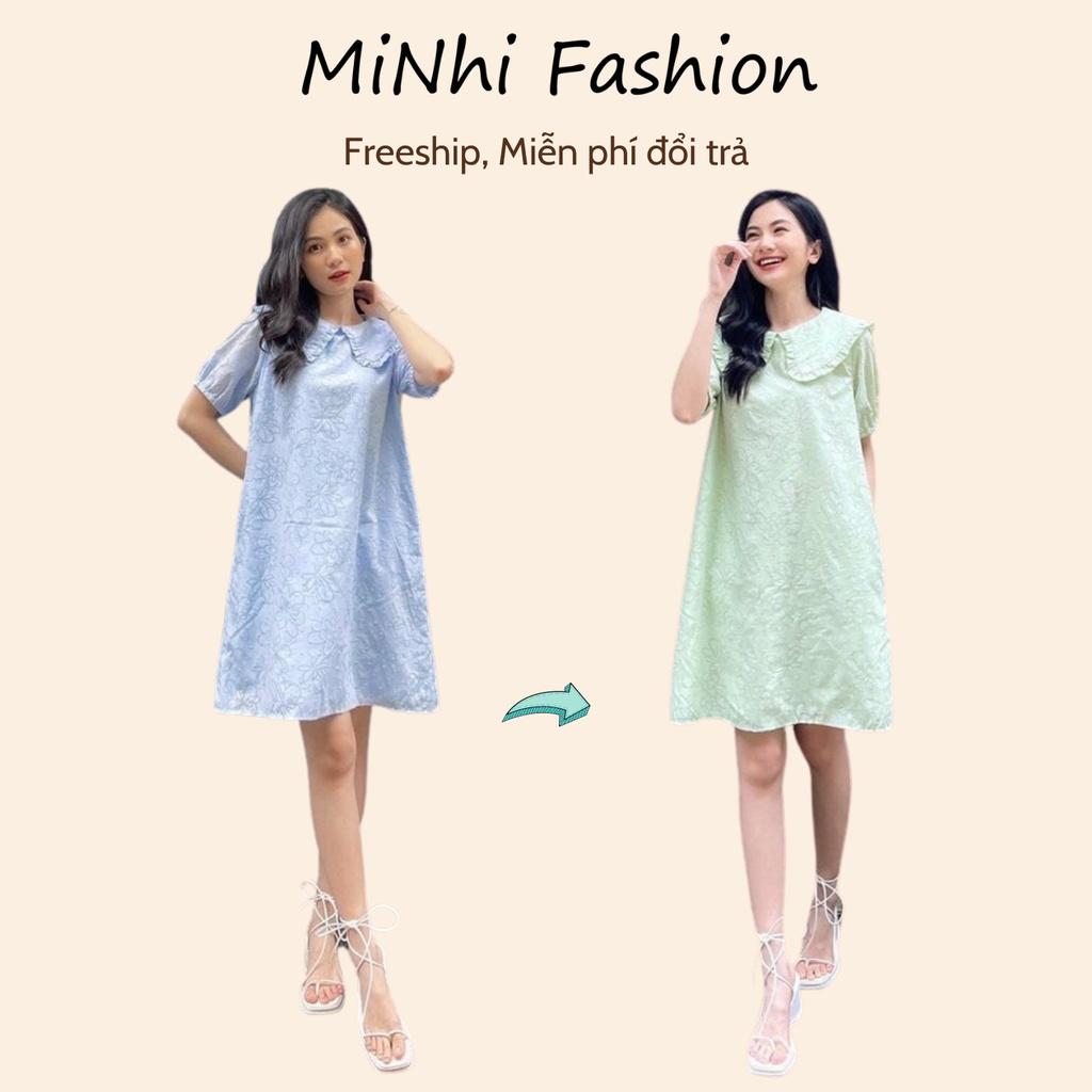 Đầm babydoll form rộng suông ngắn, Đầm có bâu Cao Cấp tay ngắn cổ tròn, dài trên dùi, nữ tính quyến rũ - MiNhi Fashion
