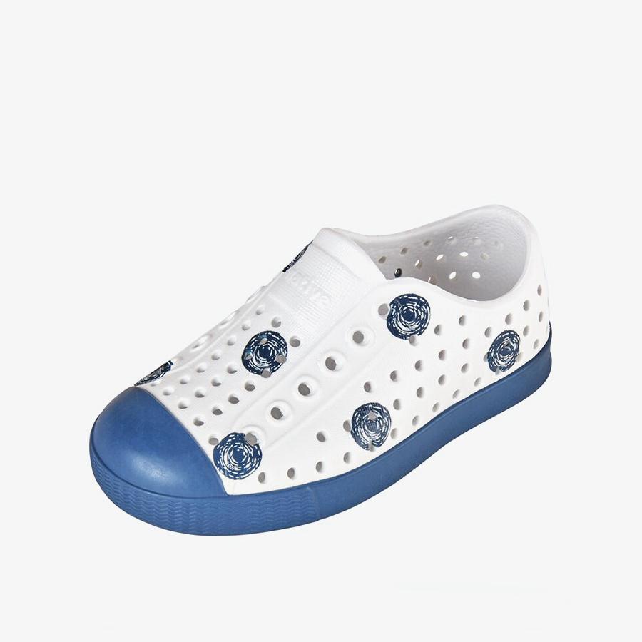 Giày Lười Trẻ Em Unisex NATIVE Jefferson Print Junior - Shell White/ Frontier Blue/ Frontier Scribble Dots - 34.5