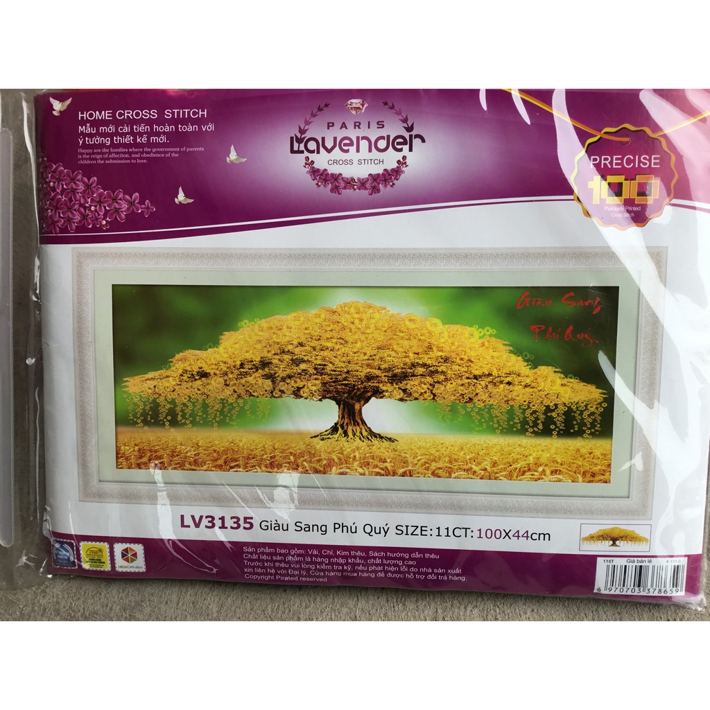 Tranh thêu cây tiền giàu sang phú quý LV3135 - kích thước: 100 * 44cm.