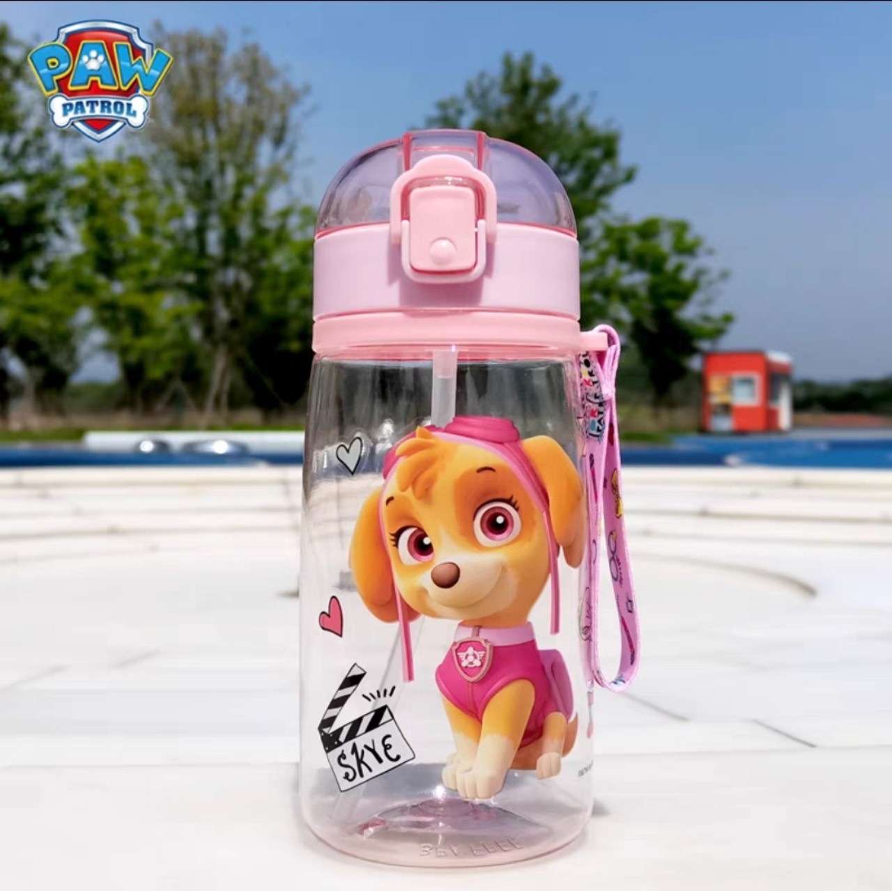Bình nước ống hút có khóa nhựa tritan Disney Dog Paw Patrol hồng 480ml cho trẻ em 0332