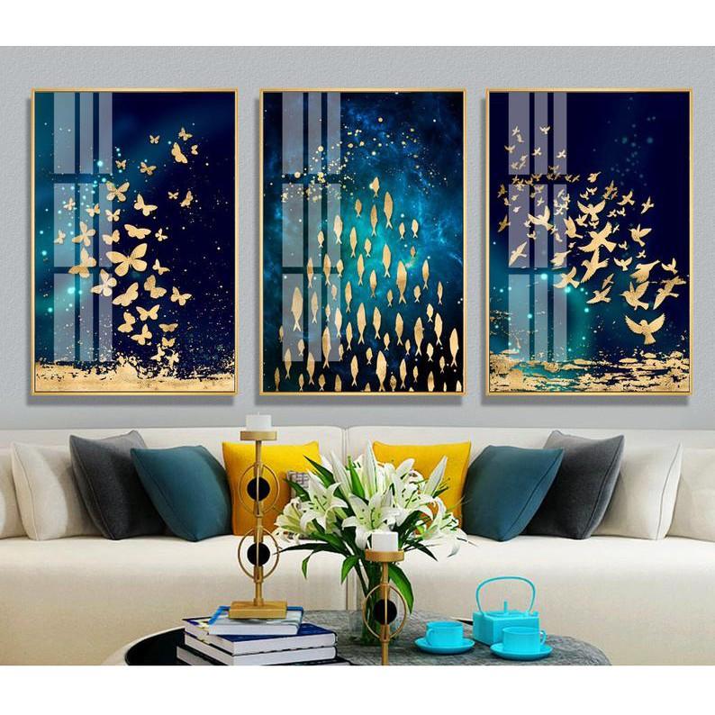 Tranh treo tường | Tranh bộ 3 bức trừu tượng Gold foil butterfly fish bird wall art printable