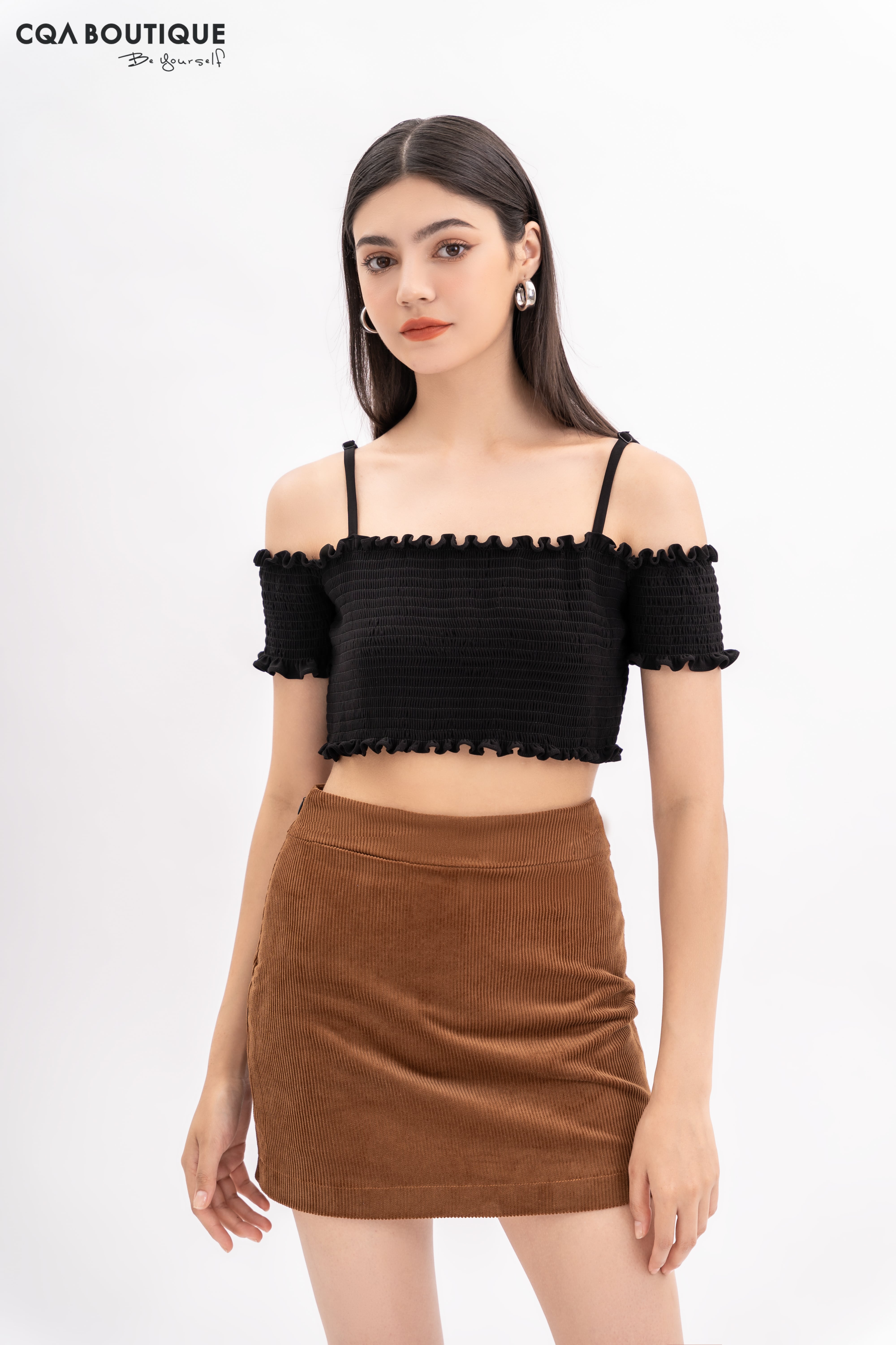 Chân Váy Ngắn Nhung Gân CQA0102-A Màu Nâu