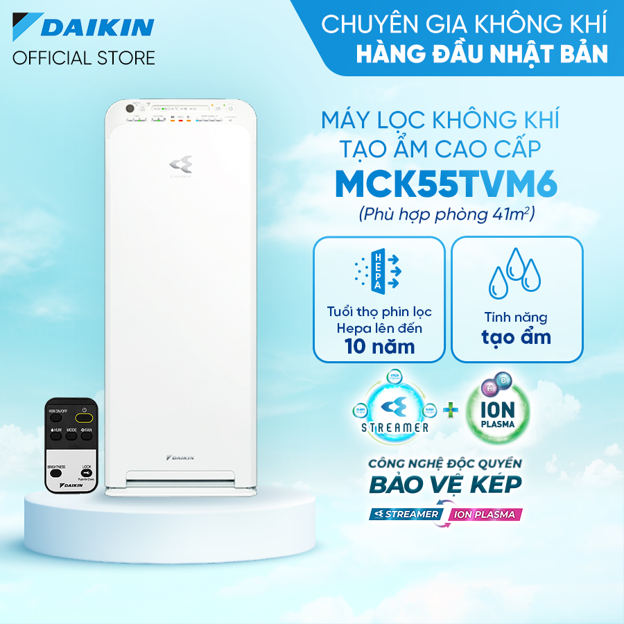 Máy Lọc không khí tạo ẩm Daikin MCK55TVM6 - Phù hợp phòng 41m2 - Công nghệ Streamer độc quyền - Phin lọc tĩnh điện Hepa - Hút gió 3 hướng - Vận hành êm ái - Thiết kế nhỏ gọn - Hàng chính hãng