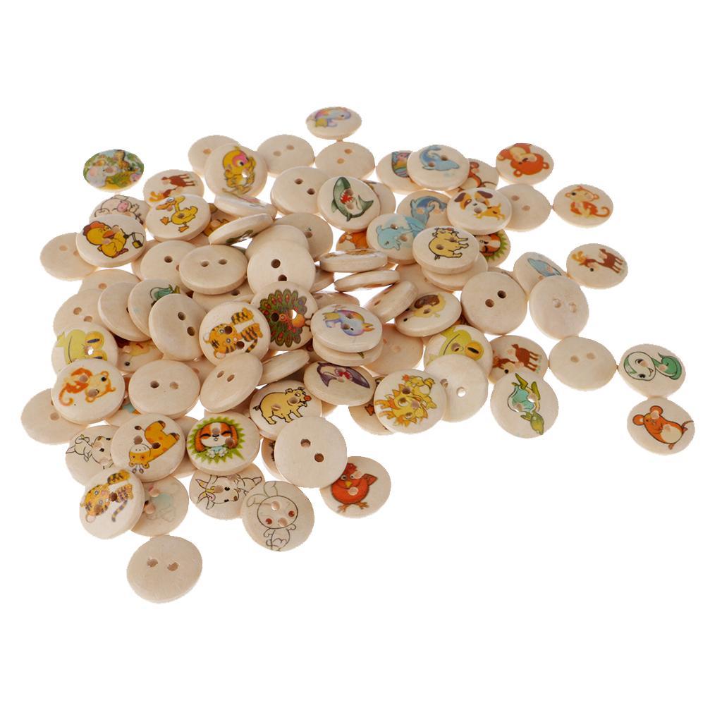 100 Pieces Animals Printed Round 2 Holes Wooden Buttons for Sewing DIY Craft 15mm