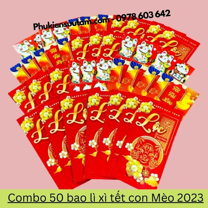 Combo 50 Bao Lì Xì Tết Con Mèo 2023, kích thước: 16cmx8cm, màu đỏ - SP000367