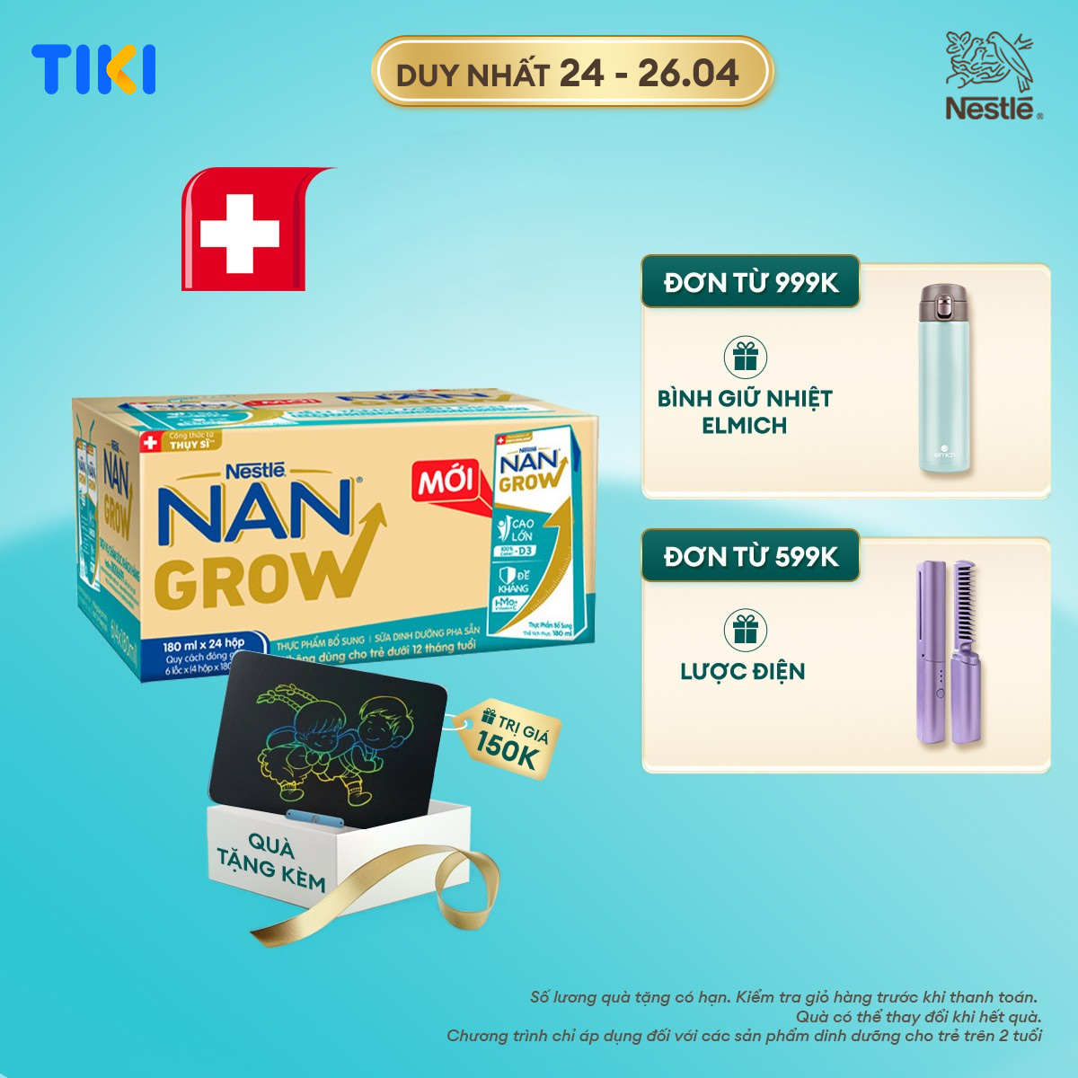 Thùng 24 hộp Sữa pha sẵn Nestlé NANGROW sữa mát công thức từ Thụy Sĩ 9(4 x 180ml) - (Bé từ 1 tuổi) Tặng Bảng viết LCD Kalpen