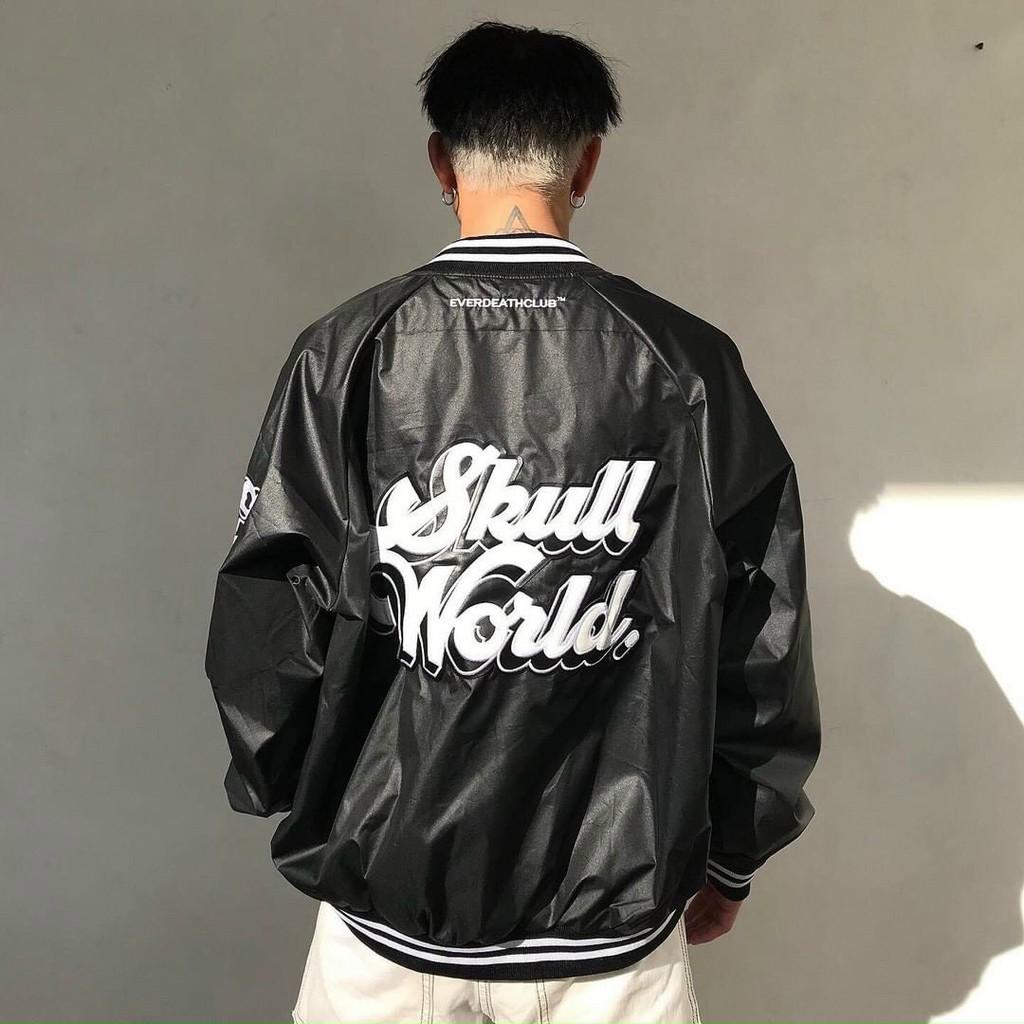 Áo Khoác Bomber Bóng Chày in SKULL WORLD Dù 2 Lớp Unisex Nam Nữ unisex form rộng oversize