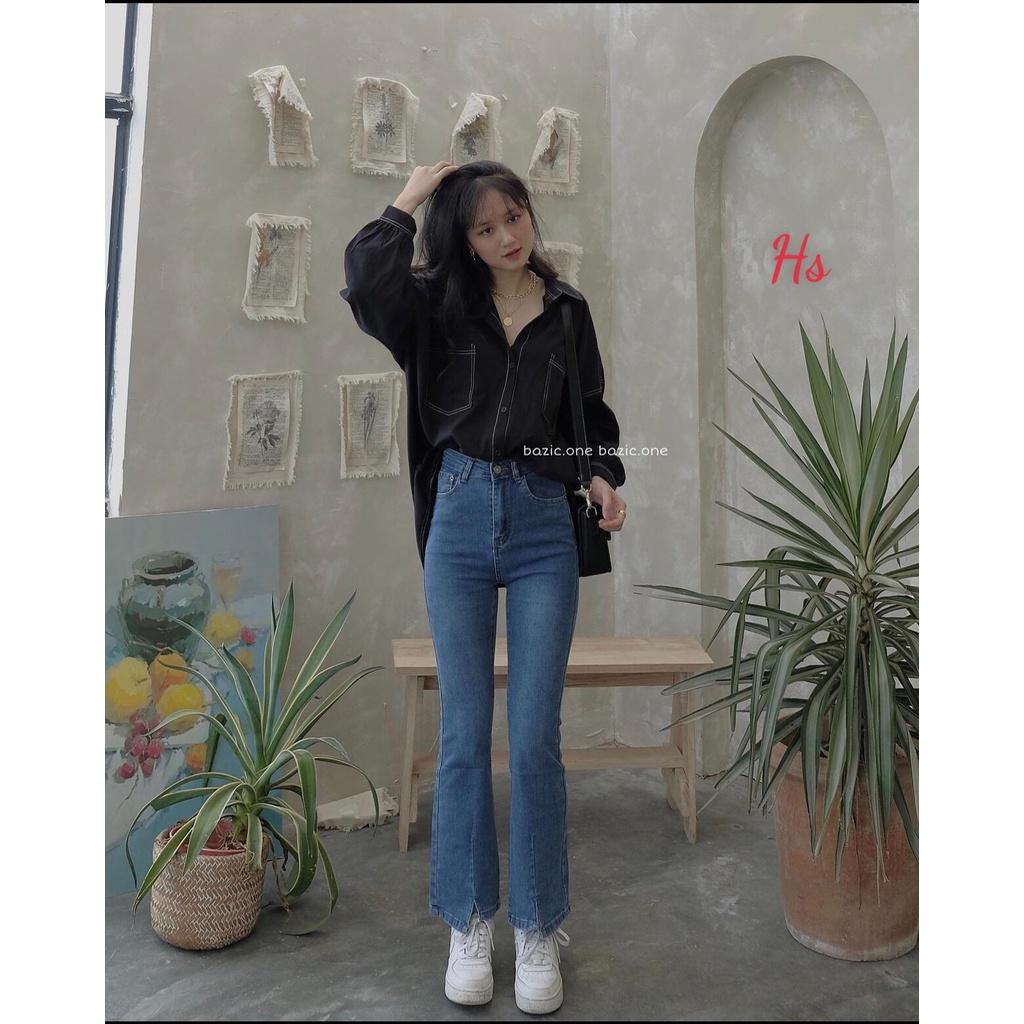 Sơ mi basic tay phồng viền chỉ nổi