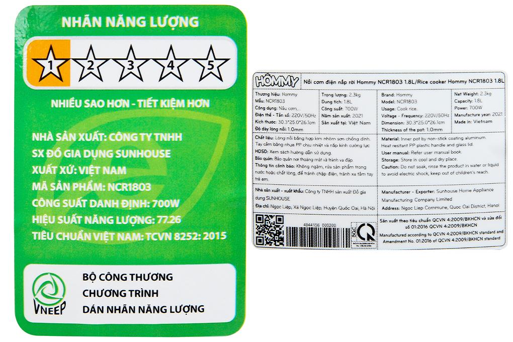 Nồi cơm điện nắp rời Hommy 1.8 lít NCR1803 - Hàng chính hãng