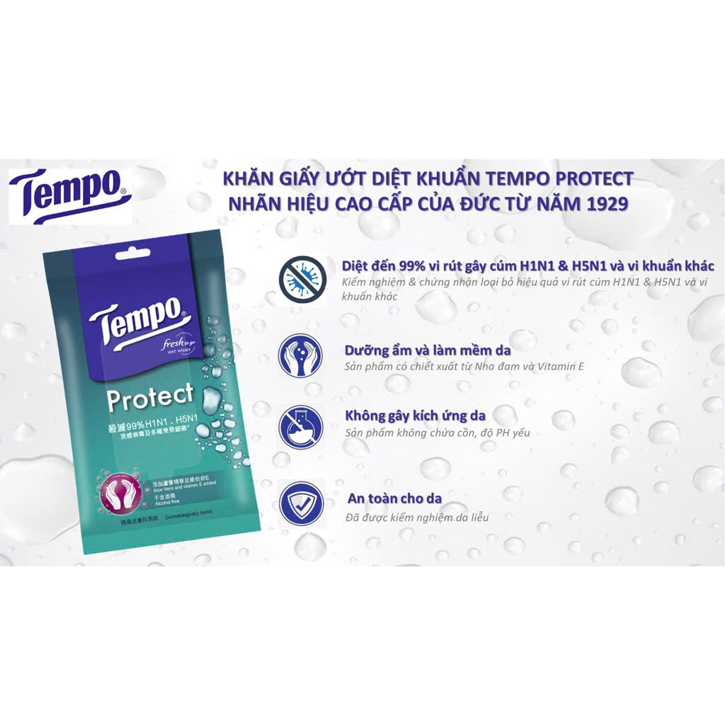 [MUA 3 LỐC TẶNG 2 GÓI KHĂN ƯỚT PROTECT] Khăn Uớt Mini Tempo Protect Ngăn Ngừa Vi Khuẩn cao cấp - Diệt khuẩn 99% - Thương hiệu Đức