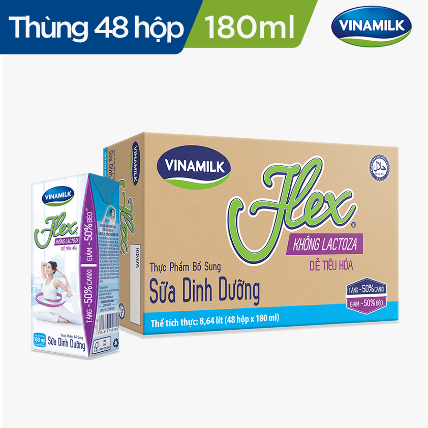 Thùng 48 Hộp Sữa Tiệt Trùng Vinamilk Flex Không Lactose (180ml / Hộp)