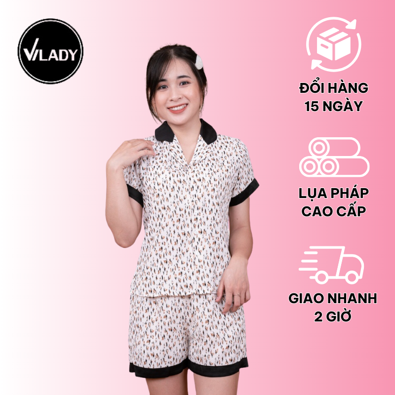 Đồ bộ mặc nhà nữ Pyjama lụa Mango VILADY - B132 kiểu quần đùi tay cộc mặc hè thoáng mát, họa tiết hình con sóc dễ thương