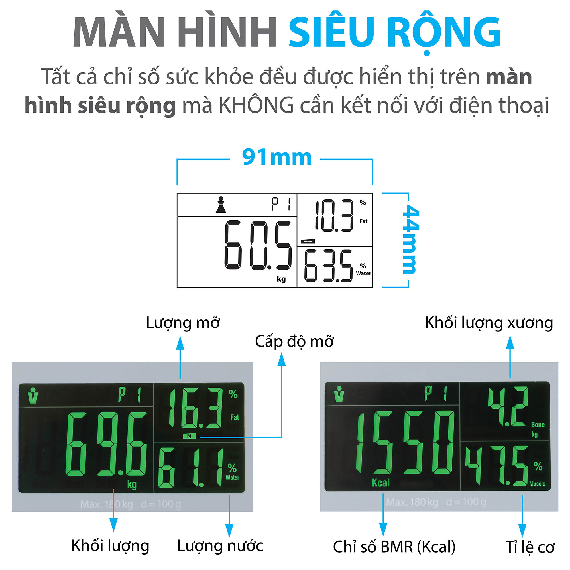 Cân sức khỏe điện tử thông minh Genky - phân tích cơ thể, theo dõi mỡ, cơ, nước, xương, calo, màn hình siêu rộng