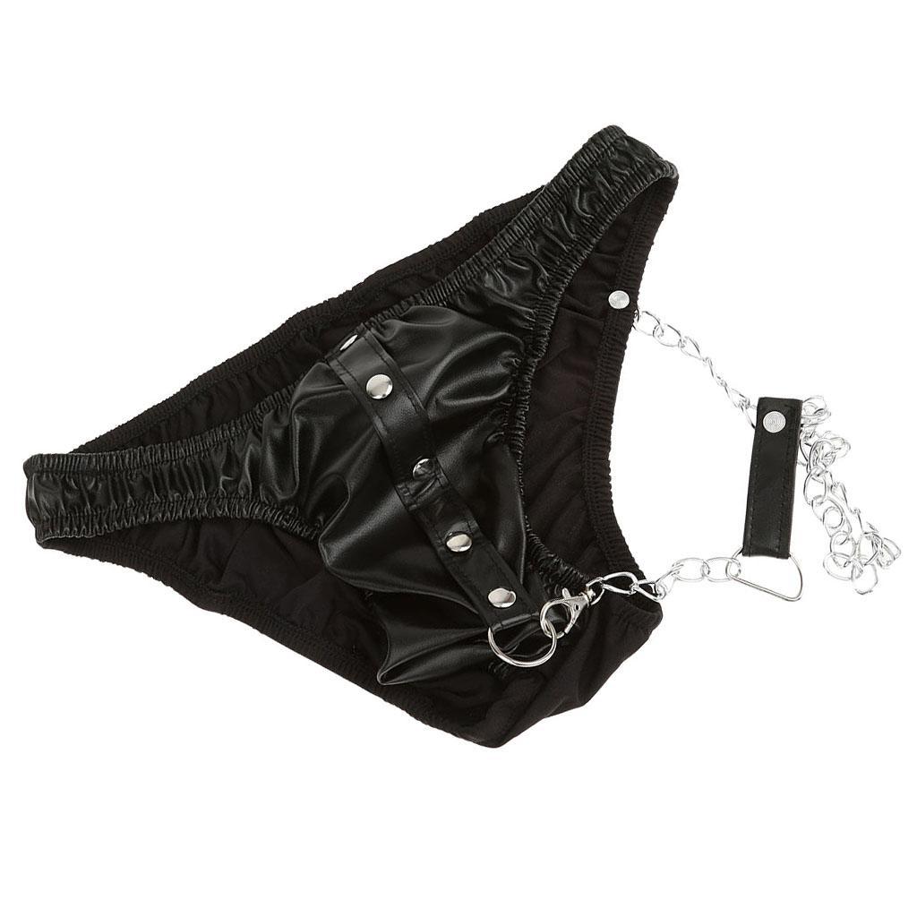 Mens PU leather G-string Underwear Chain Low Rise Briefs Thong Clubwear