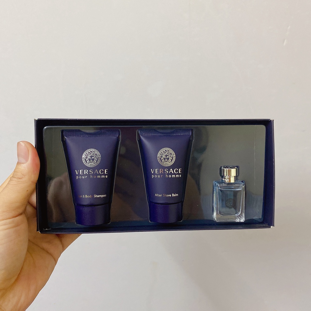 Set nước hoa mini nam Versace Pour Home 5ml + Dầu gội 25ml + Dưỡng sau cạo 25ml