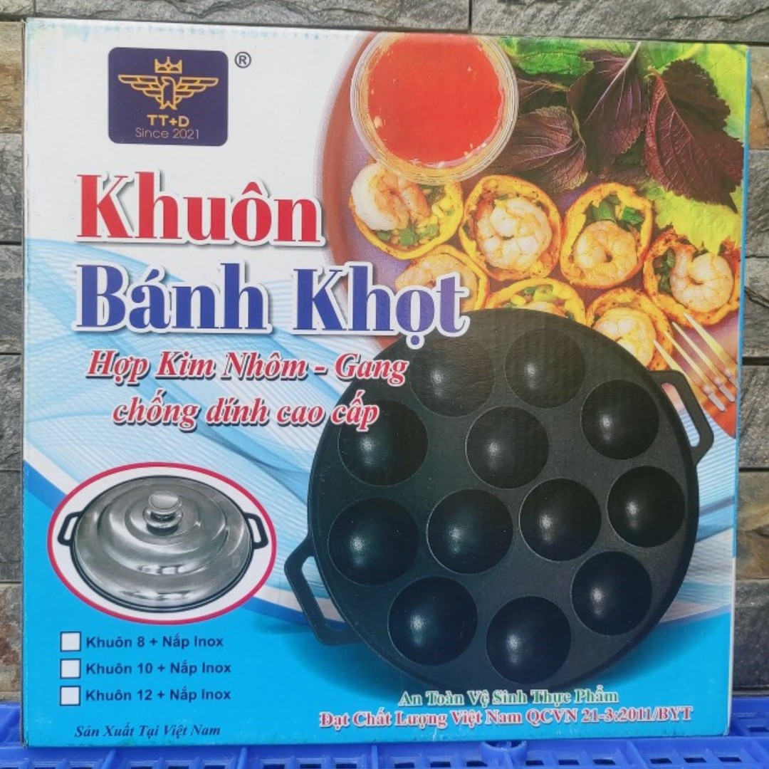 Khuôn Đổ Bánh Khọt 12 Lỗ Nắp Inox Chống Dính Cao Cấp