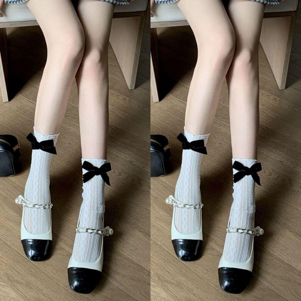 ất, vớ LƯỚI NHÚN ĐÍNH NƠ VÂN THỔ CẨM chất ren, cao cổ phong cách Lolita Nhật Bản cá tính, thoáng mát cho nữ Women