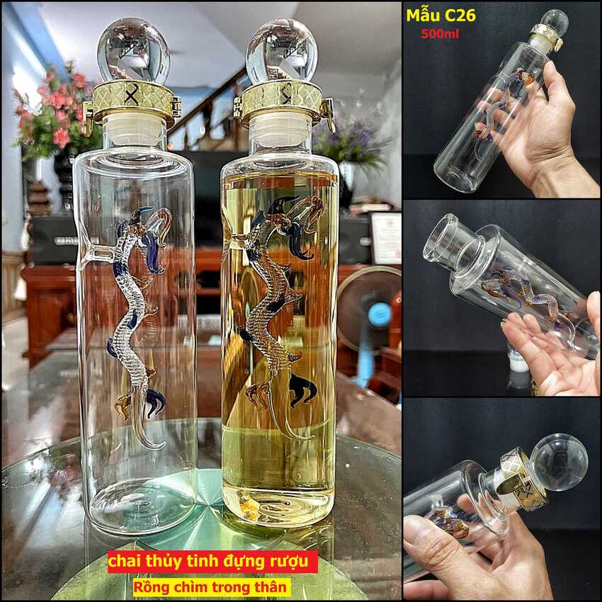 Chai Thủy Tinh Đựng Rượu 500ML trụ tròn mẫu Rồng chìm trong thân – nắp đặc - Vỏ Chai Rượu Đẹp – Chai Đựng Rượu Thủy Tinh 500ML siêu trong