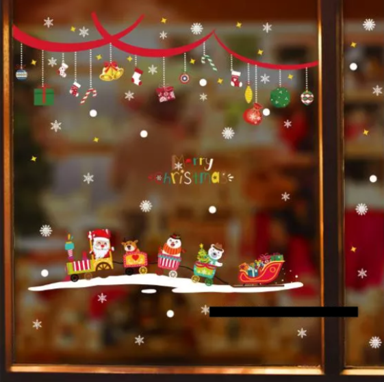 Decal trang trí dán tường - rèm đỏ noel và đoàn tàu nhí đáng yêu