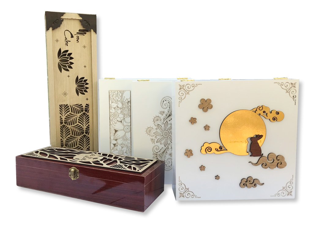 HỘP ĐỰNG BÁNH TRUNG THU BẰNG GỖ LÓT NHUNG CAO CẤP - HỌA TIẾT CẮT NỔI SANG TRỌNG