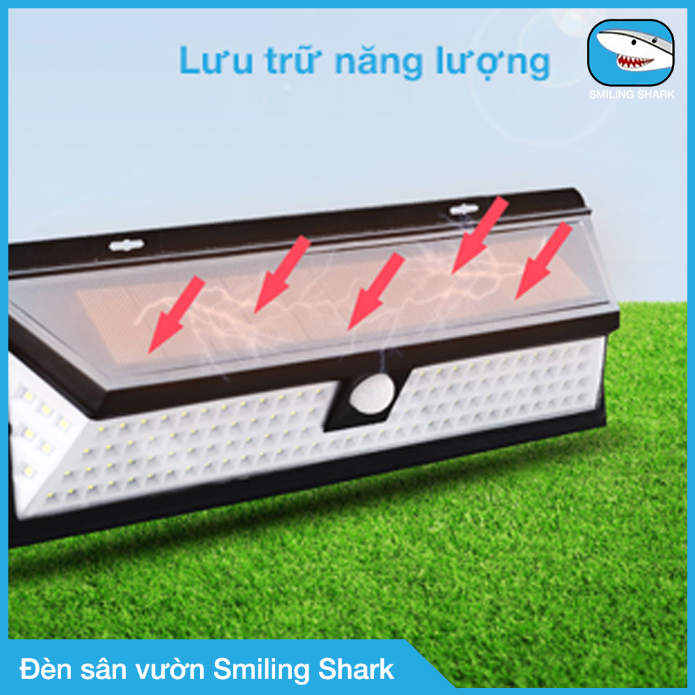 Đèn Led năng lượng mặt trời Smiling Shark siêu sáng, công nghệ chống bức xạ có hại, cảm ứng hồng ngoại thông minh 3 chế độ, chống nước IP65, thắp sáng sân vườn, trụ cổng, lối đi ngoài trời - Hàng chính hãng