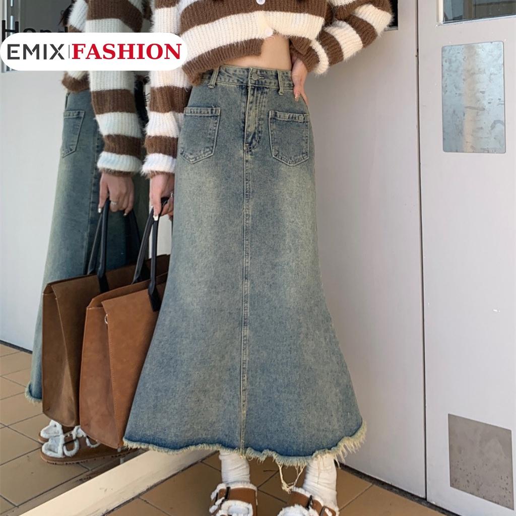 Chân váy jean đuôi cá EMIX, ulzzang, dáng dài midi, cạp cao, 2 túi trước phong cách hàn quốc 6832