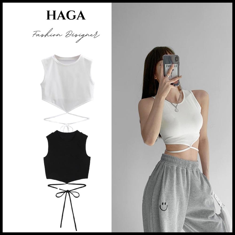 Áo ba lỗ nữ buộc eo HAGA áo sát nách nữ croptop cổ tròn dây buộc nơ lưng ASNBE12