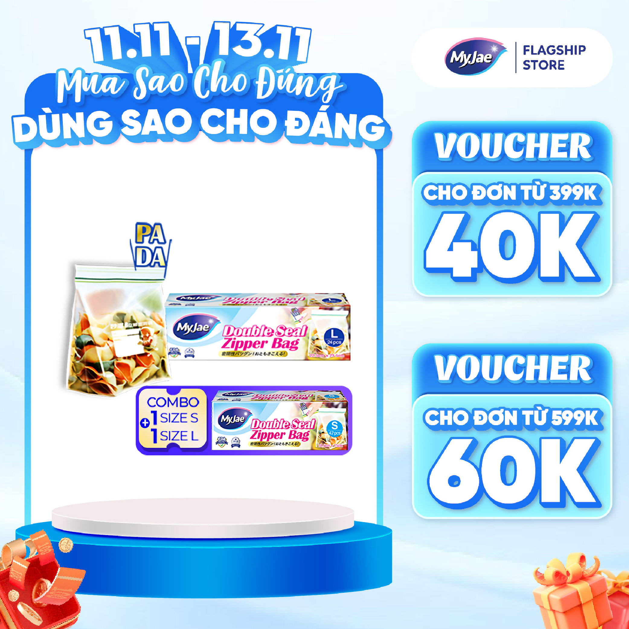 Combo 2 size S L Túi Zip PE Trong Suốt 2 Đường Kéo MyJae, Túi Bọc Đồ Ăn, Rau Củ Bảo Quản Trong Tủ Lạnh – Combo 2 SL