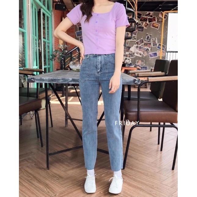 Quần jeans nữ ống đứng cạp cao túi trước có giãn kiểu dáng Hàn Quốc