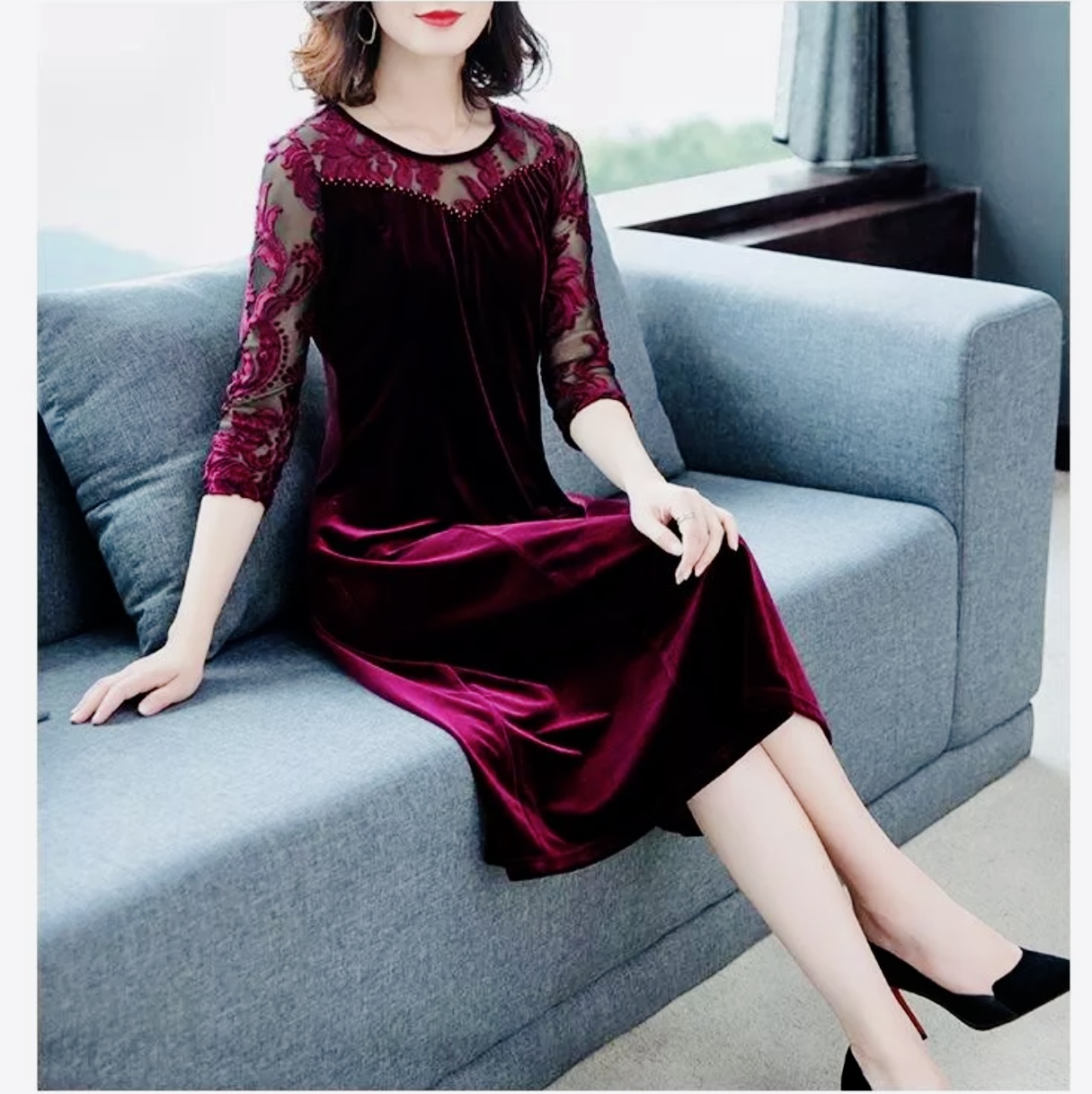 Đầm nhung trung niên tay dày phối ren. Nhung lụa mềm mịn. Đầm cho mẹ dự tiệc. Đầm trung niên u50