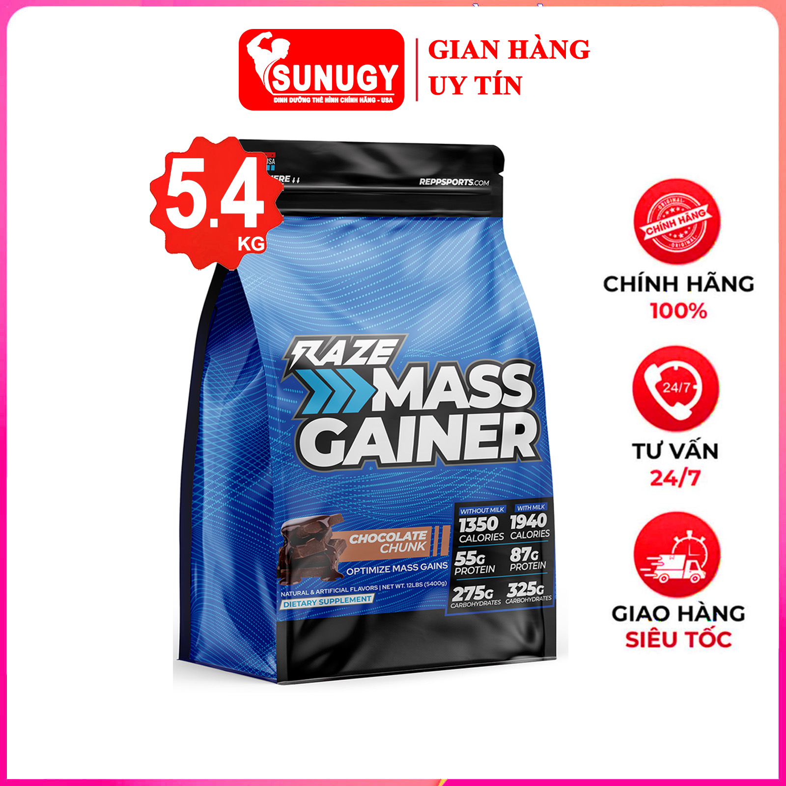 Sữa tăng cân tăng cơ cao cấp RAZE Mass Gainer của REPP SPORTS hỗ trợ tăng cân, tăng cơ nạc bịch lớn 5.4kg - Chocolate Chunk