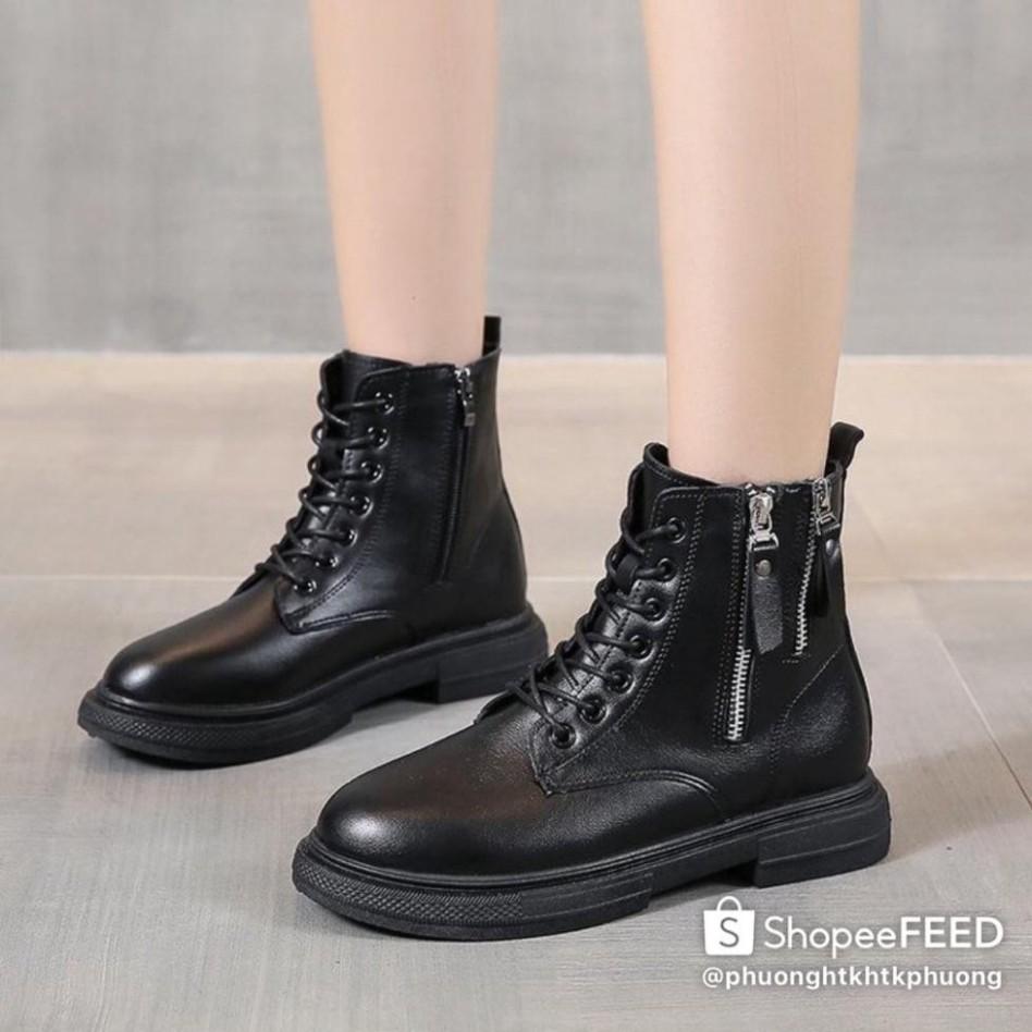 Giày Boots Nữ, Boots Nữ Cổ Thấp 3cm Hai Khóa Hot Hit Siêu Đẹp Hai Màu Đen Kem Minhtushoes Giày Nữ Cao cấp