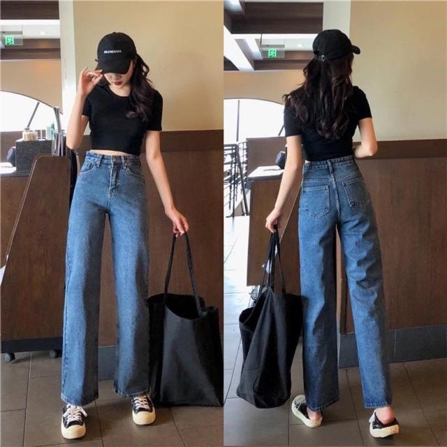 QUẦN JEANS XUÔNG DÀI TRƠN xanh đậm- nhạt may gấu- clip shop quay