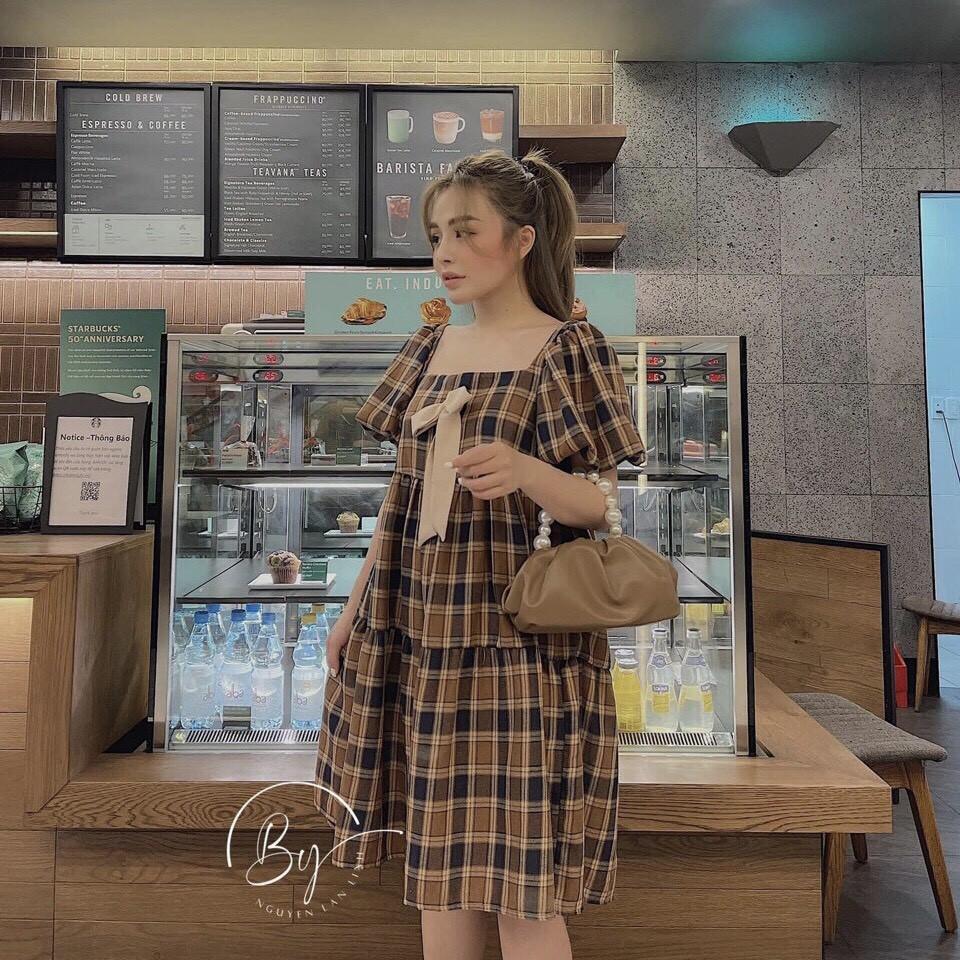 Đầm Babydoll Kẻ Caro Có Nơ Ngực Váy Babydoll Caro Tay Ngắn Có Nơ Ngực