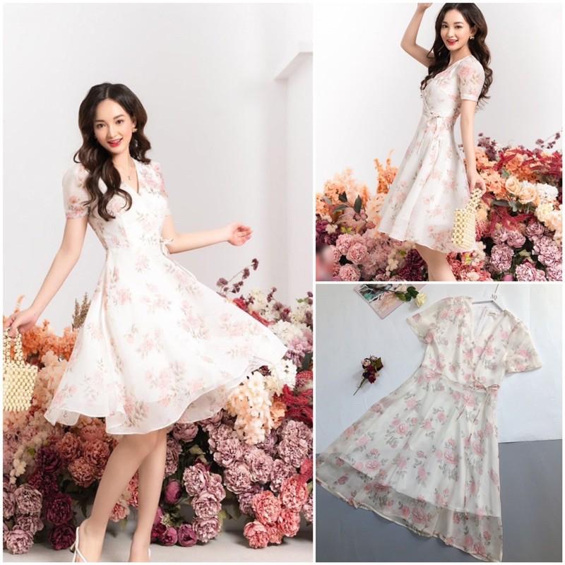 Đầm voan tơ hoa hồng be 2 lớp siêu sang dáng xoè