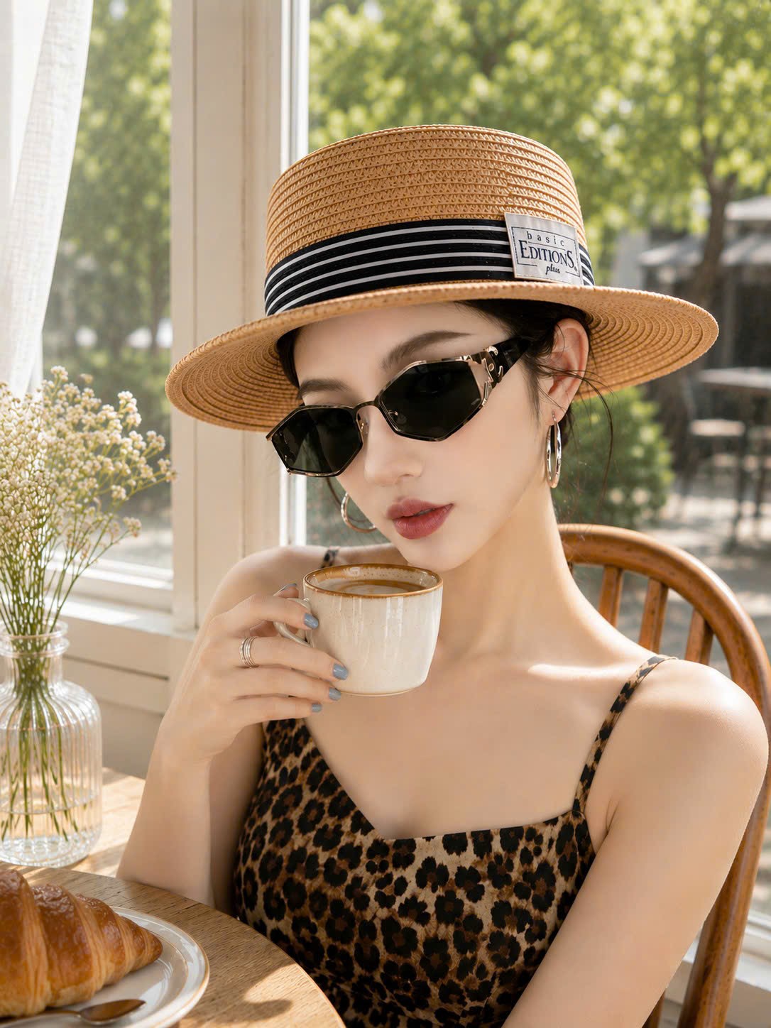 Mũ cói Basic Editions dành cho nữ, nón đi biển vành bằng phối sọc chống nắng UV thoáng mát mùa hè mang đến phong cách thời trang hiện đại vazano25052601