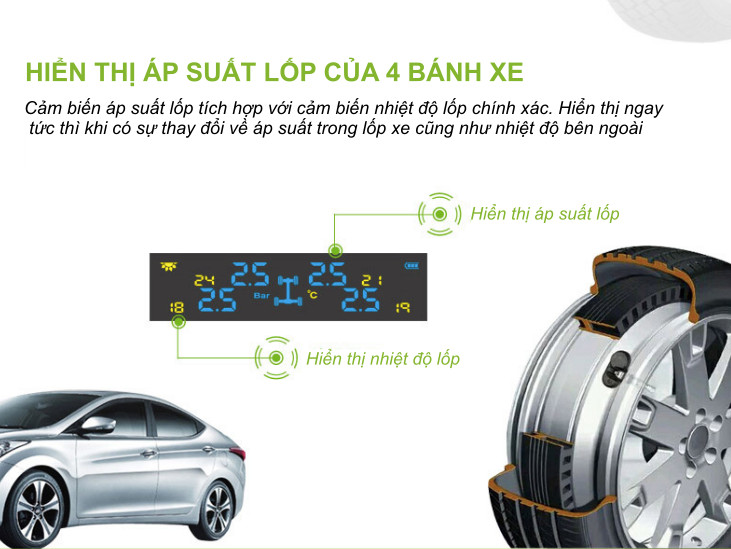 Cảm biến áp suất lốp xe ô tô TPMS thông minh màn hình LCD màu, chạy bằng năng lượng mặt trời lắp van ngoài T3