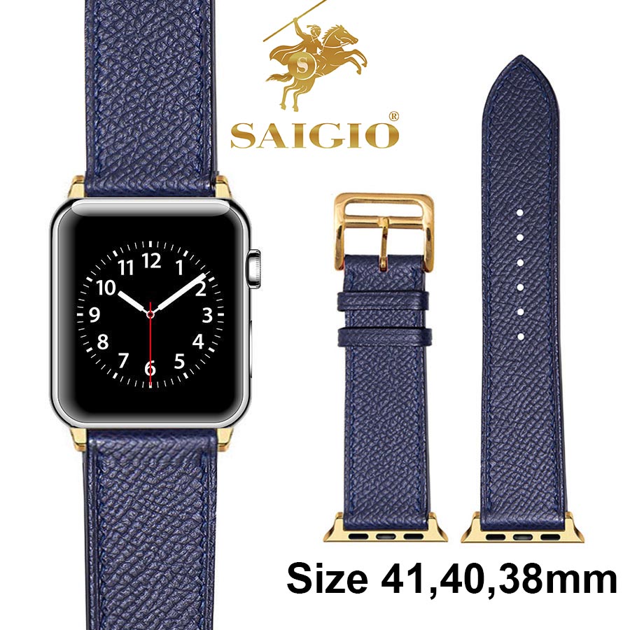 Dây Đồng Hồ Apple Watch 41mm 40mm 38mm, Chất Liệu Da Bê EPSOM Thảo Mộc Cao Cấp, Nhập Khẩu Từ Châu Âu, Dây Đeo Phong Cách Hiện Đại và Sang Trọng, Tương Thích Các Phiên Bản Series 8/7/6/5/4/3/2/1/SE/SE2 - Xanh Navy - ADAPTER VÀNG