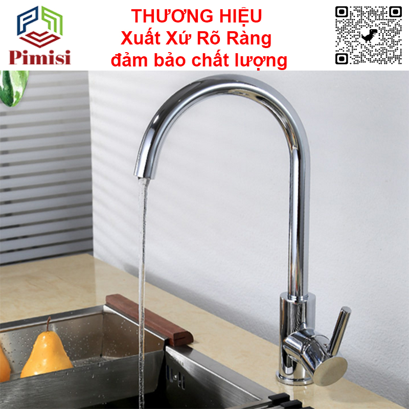 Vòi rửa chén nóng lạnh Pimisi đồng thau mạ xi Cr/Ni sáng bóng kiểu tròn cổ ngỗng tay gật gù và tặng kèm 2 sợi dây cấp nước dùng cho chậu rửa bát 1-2-3 hố trong nhà bếp - vòi nước rửa bát gắn chậu âm dương bàn đá quay 360 độ tăng áp | Hàng chính hãng