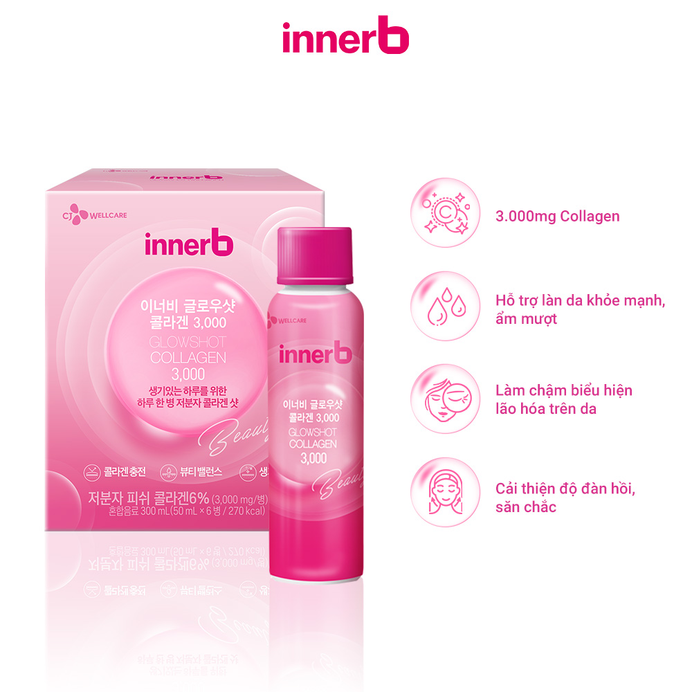 Combo 3 hộp nước uống Collagen Vitamin C sáng da InnerB Glowshot (50mlx6)