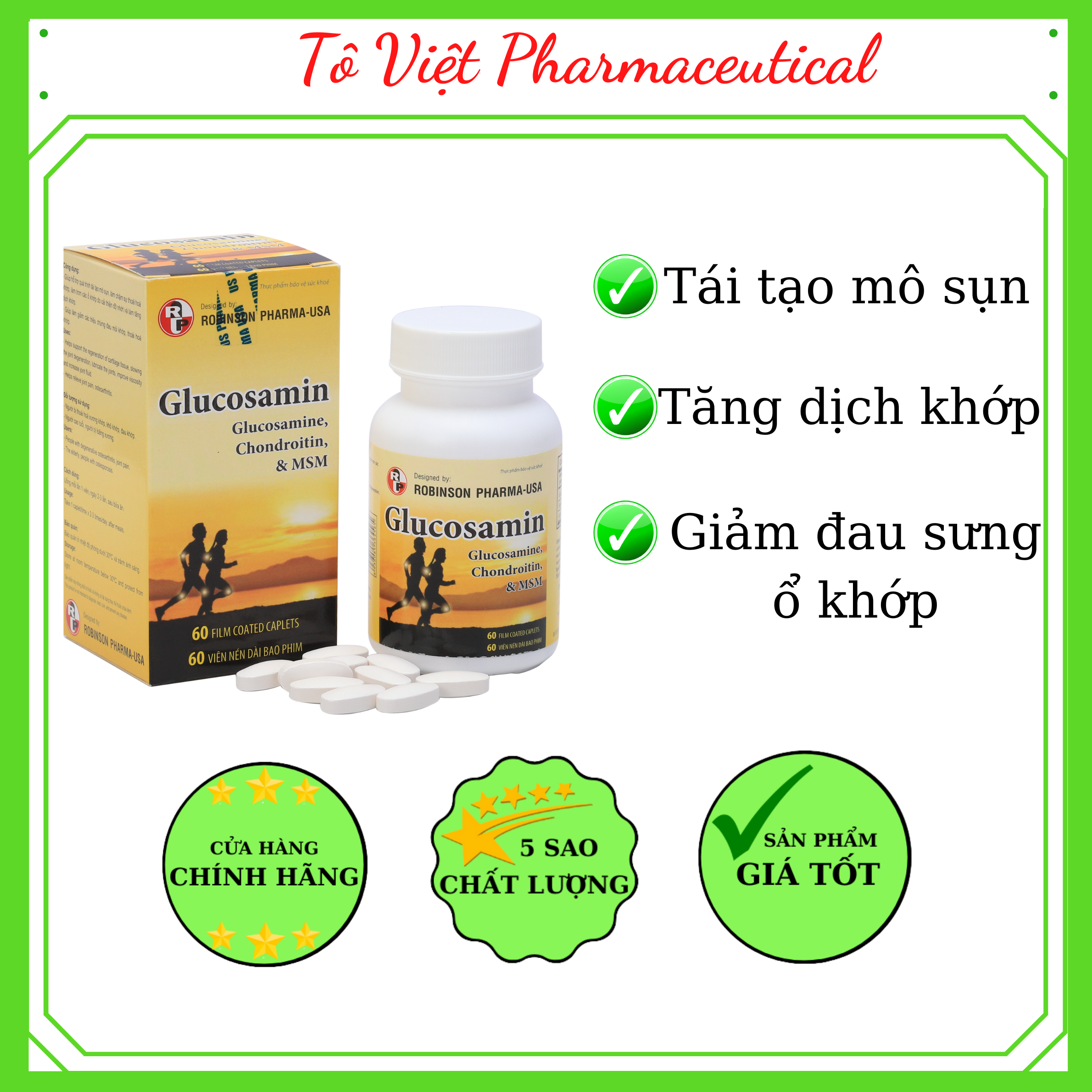 TPCN- Robinson Pharma USA- Glucosamin-Viên uống hổ trợ bổ xương khớp, Viêm khớp, đau khớp và chống thoái hoá khớp