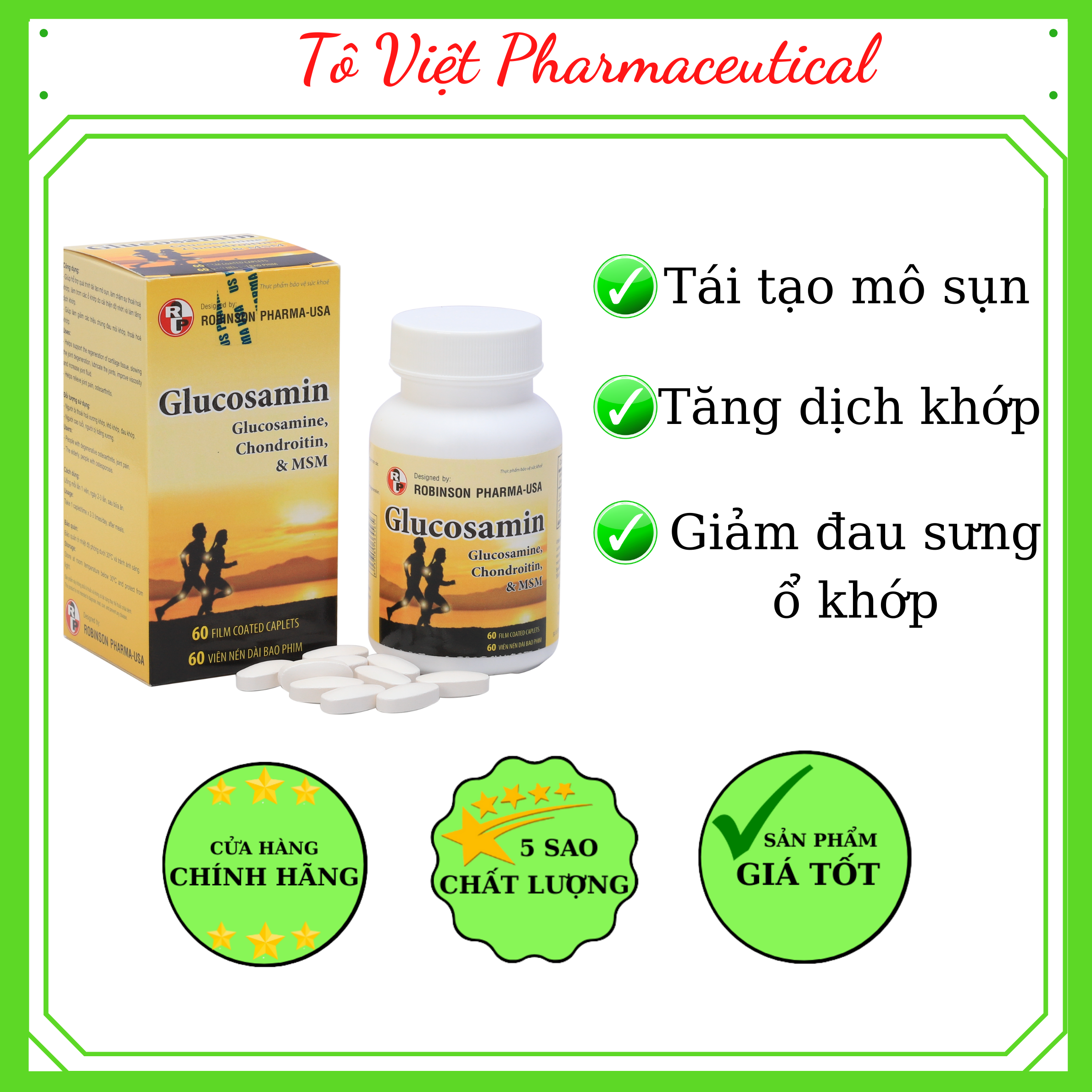 TPCN- Robinson Pharma USA- Glucosamin-Viên uống hổ trợ bổ xương khớp, Viêm khớp, đau khớp và chống thoái hoá khớp (60 viên)