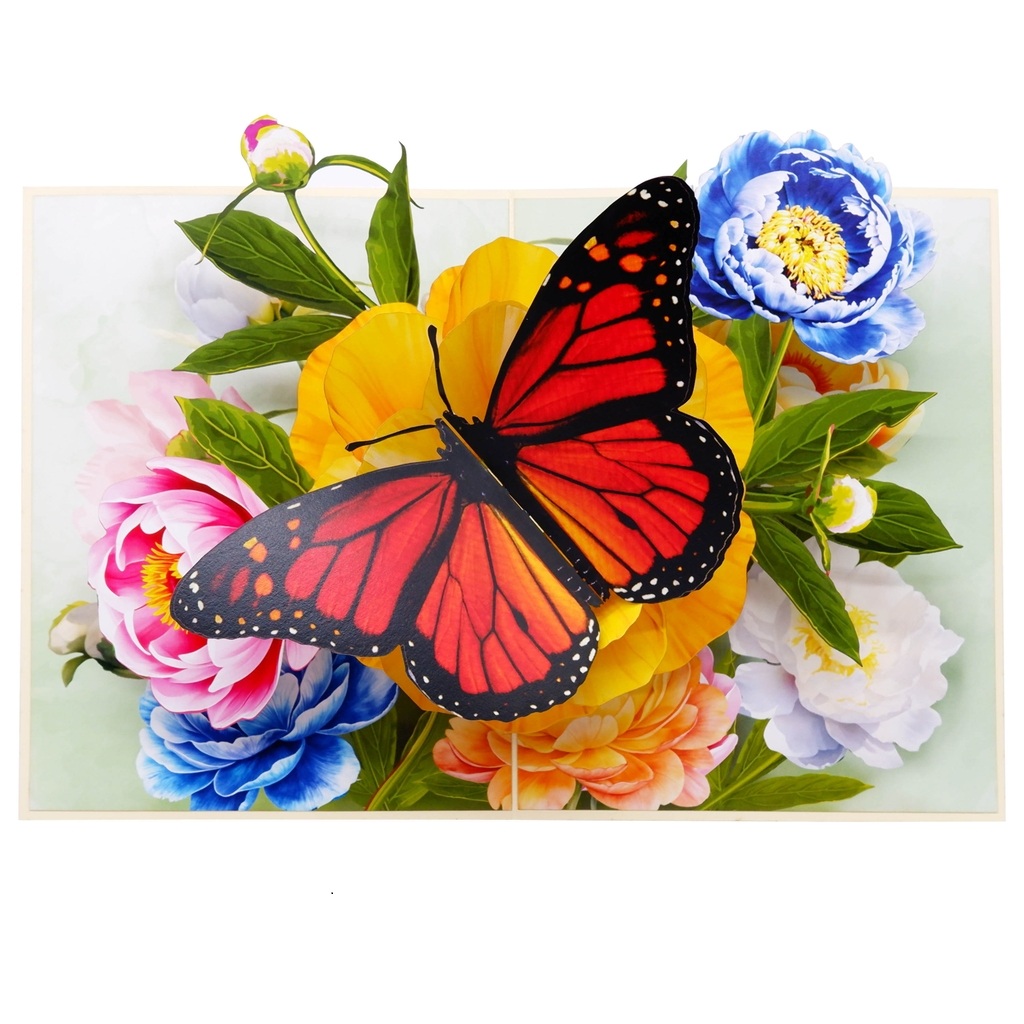 F61 -  Thiệp 3D Bươm Bướm Đỏ &amp; Hoa Mẫu Đơn – Pop Up Card Viethands Giftshop