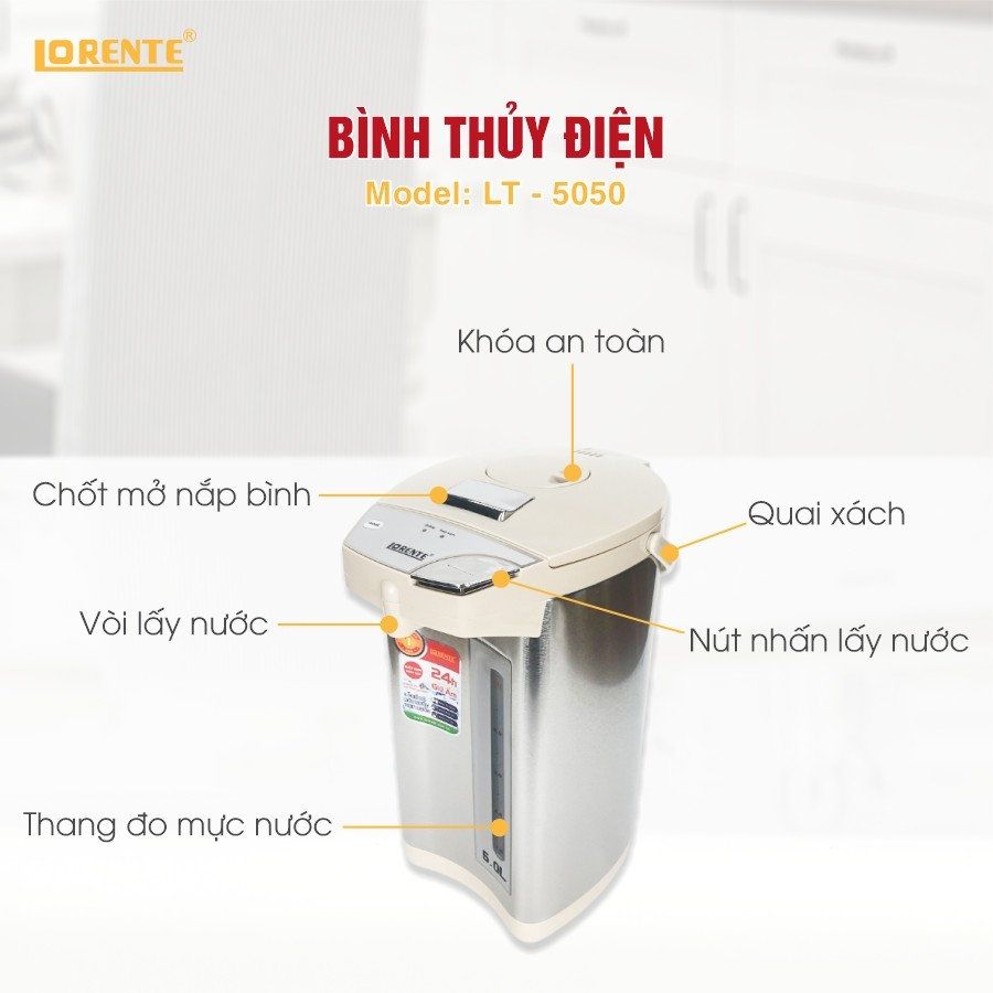 Bình Thủy Điện Lorente LT-5050 750W ruột bình bằng inox 304 - Hàng Chính Hãng